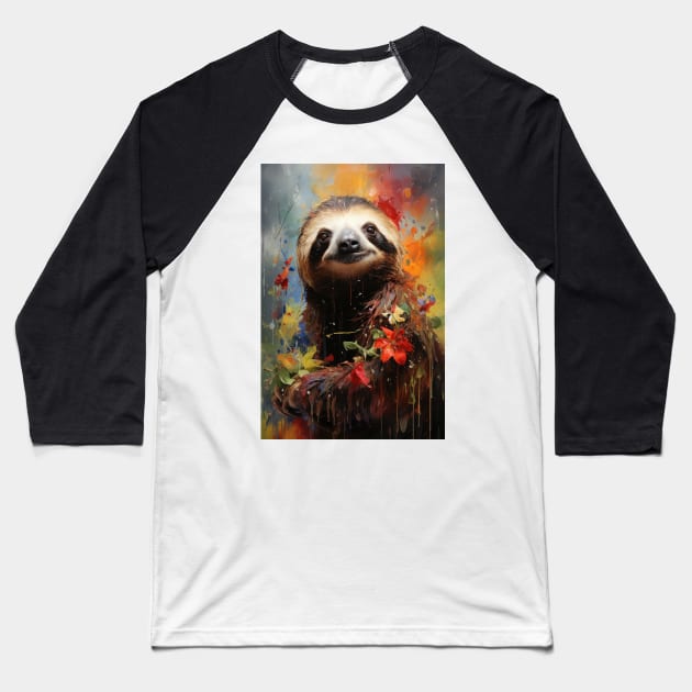 Tropical Floral Sloth Baseball T-Shirt by JensenArtCo